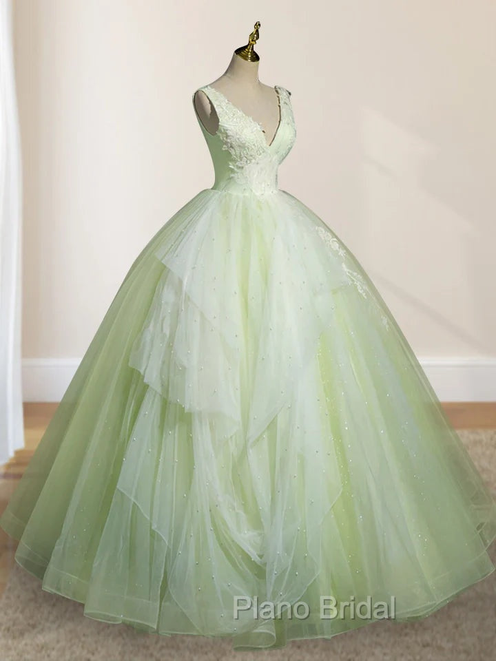 A-Line V Neck Tulle Sage Green Long Formal Prom Quinceanera Dresses