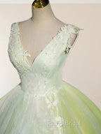 A-Line V Neck Tulle Sage Green Long Formal Prom Quinceanera Dresses