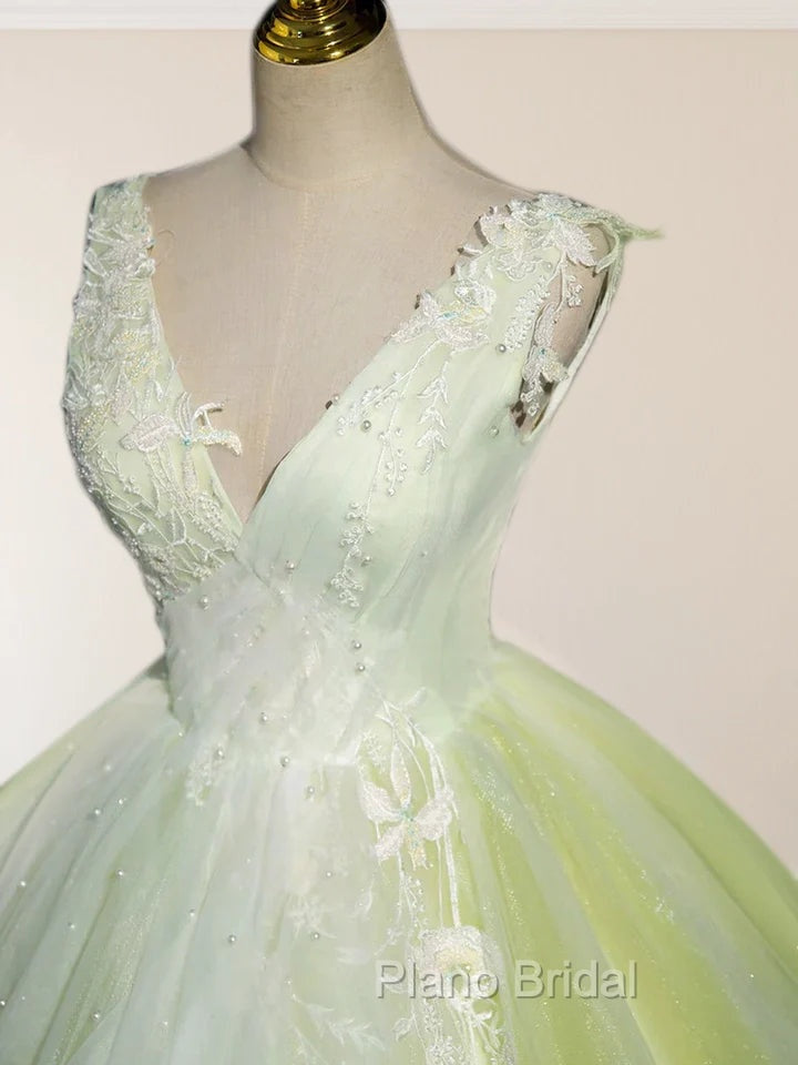 A-Line V Neck Tulle Sage Green Long Formal Prom Quinceanera Dresses