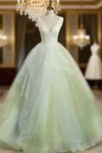A-Line V Neck Tulle Sage Green Long Formal Prom Quinceanera Dresses
