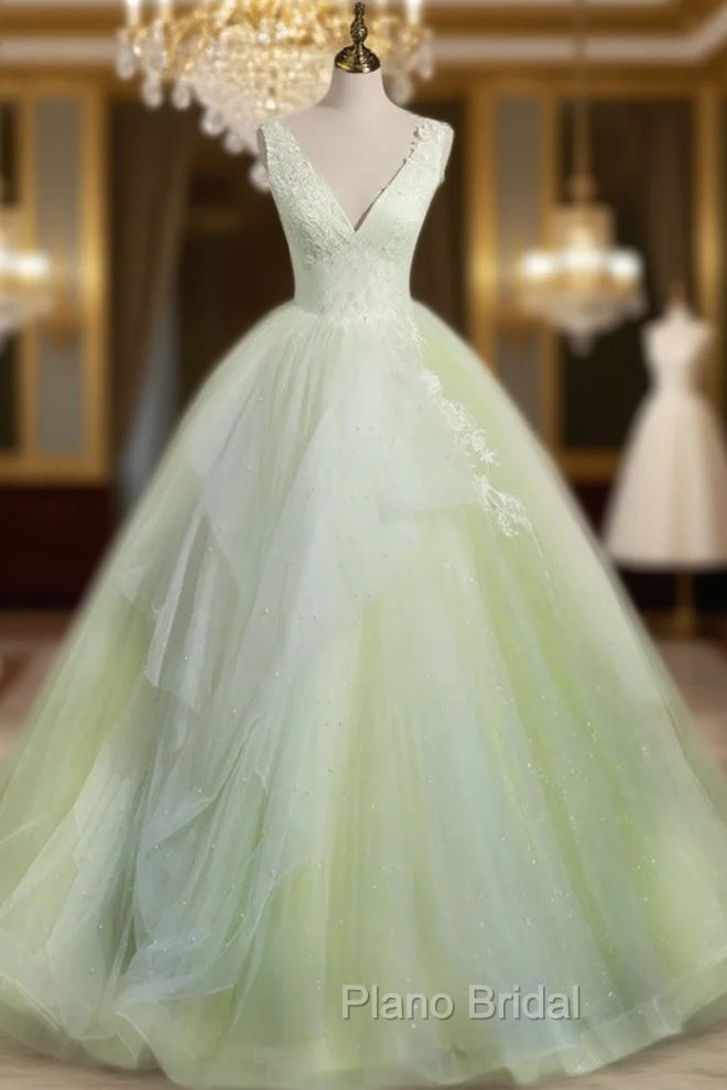 A-Line V Neck Tulle Sage Green Long Formal Prom Quinceanera Dresses