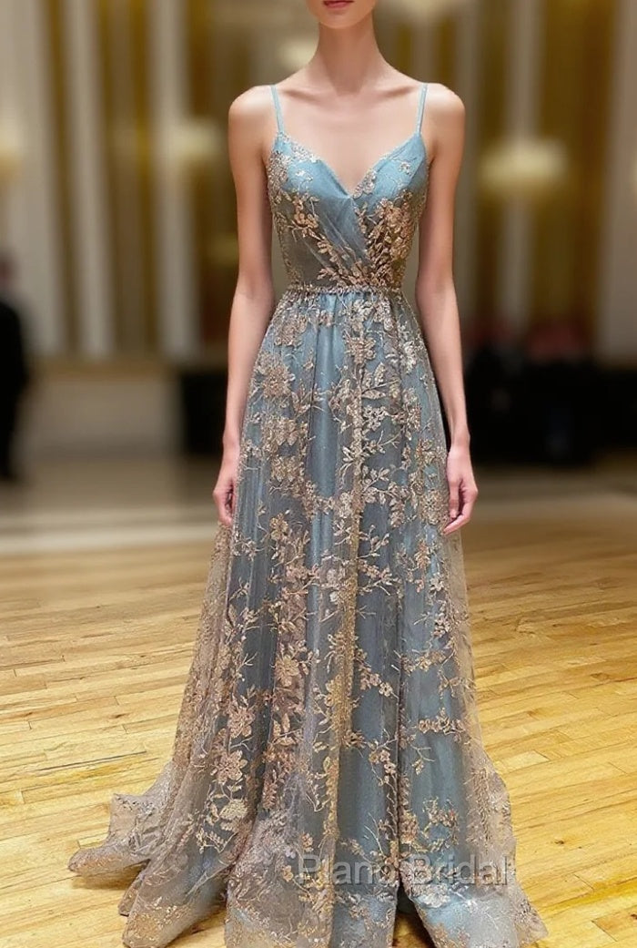 A-Line  V Neck Tulle Sequin Long Formal Prom Dresses, Backless Long Evening Dresses