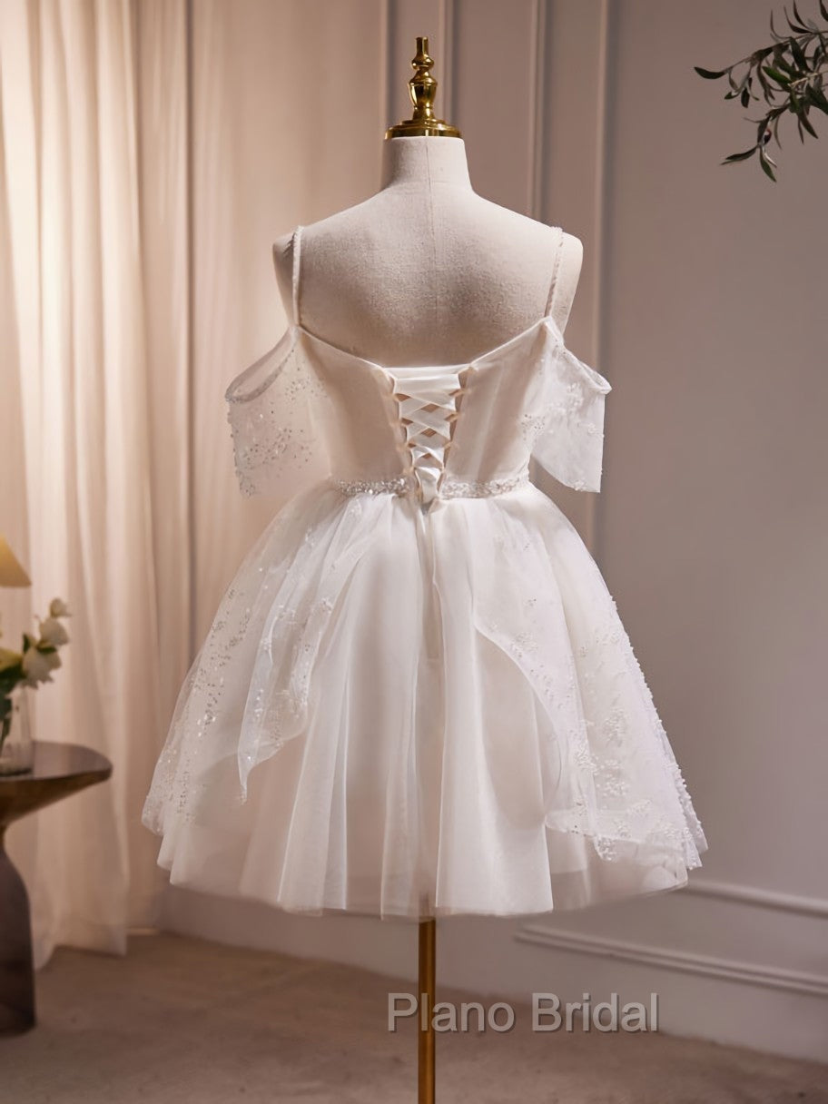 A-Line V Neck Tulle Short Beige Formal Prom Dresses, Cute Beige Homecoming Dresses