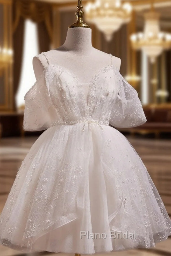 A-Line V Neck Tulle Short Beige Formal Prom Dresses, Cute Beige Homecoming Dresses