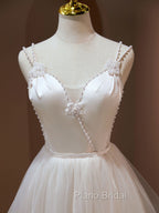 A Line v neck tulle Short Beige Formal Prom Dresses, Cute Puffy Beige Homecoming Dresses With Beading