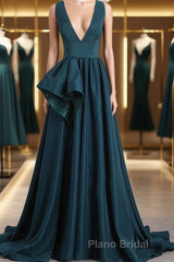A Line V Neck V Back Green Satin Long Formal Prom Dresses, Long Green Formal Evening Dresses