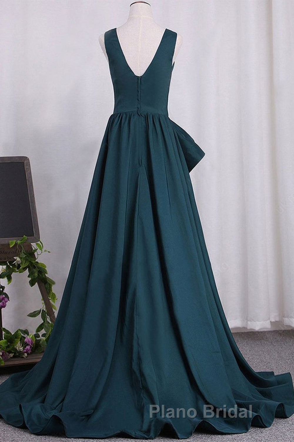 A Line V Neck V Back Green Satin Long Formal Prom Dresses, Long Green Formal Evening Dresses Secondary image