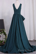 A Line V Neck V Back Green Satin Long Formal Prom Dresses, Long Green Formal Evening Dresses