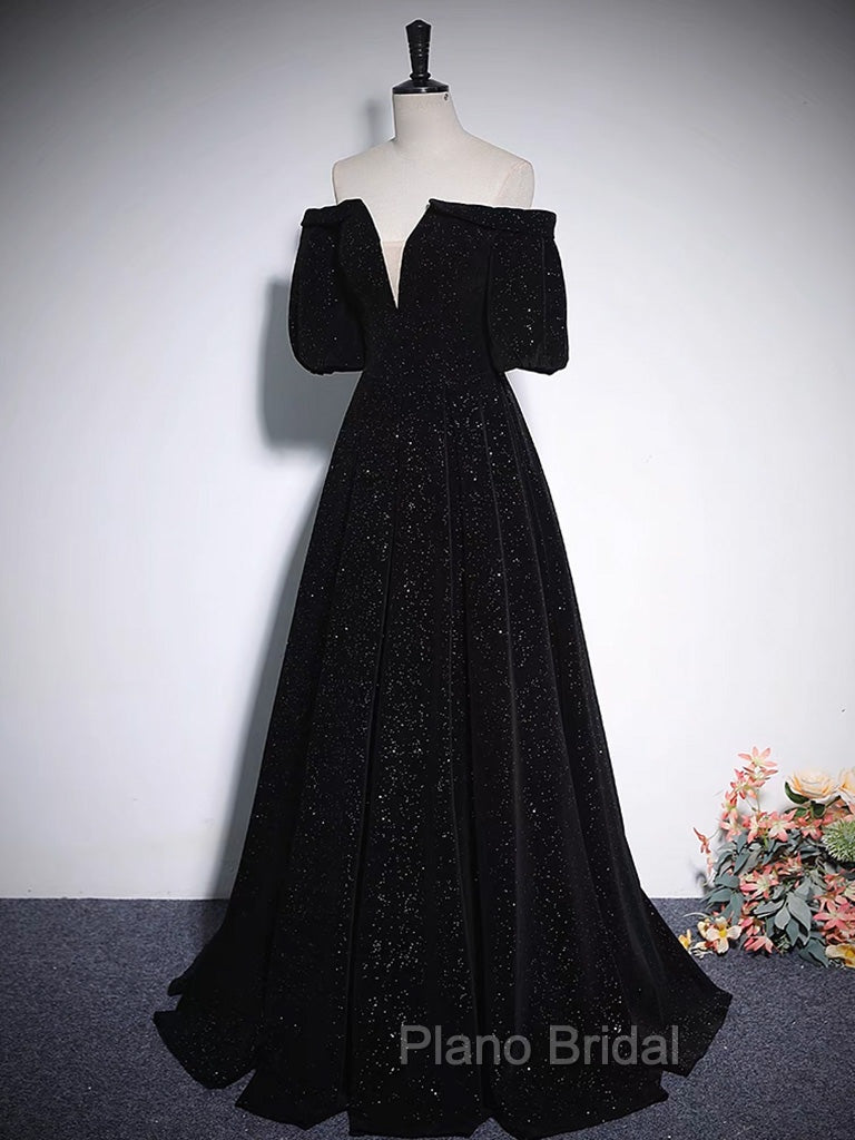 A-Line V Neck Velvet Black Long Formal Prom Dresses, Black Formal Evening Dresses