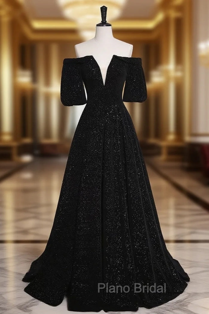 A-Line V Neck Velvet Black Long Formal Prom Dresses, Black Formal Evening Dresses Main image