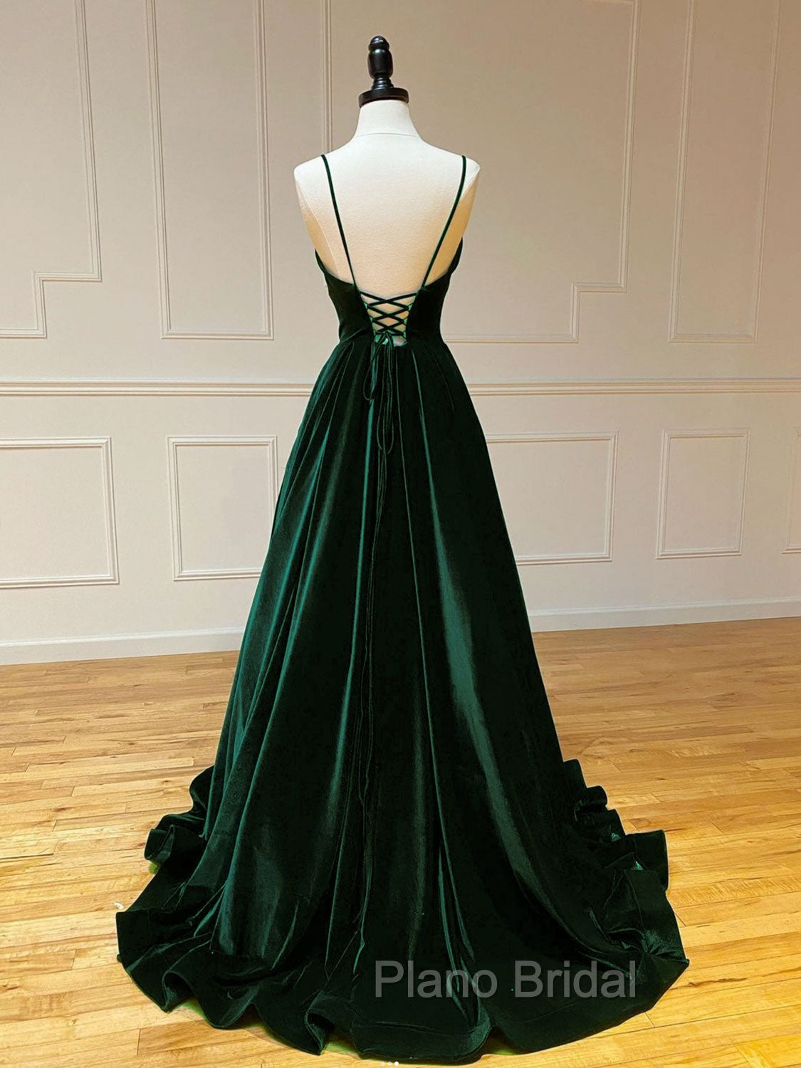 A-Line V Neck Velvet Green Long Formal Prom Dresses, Green Velvet Formal Dresses Secondary image