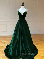 A-Line V Neck Velvet Green Long Formal Prom Dresses, Green Velvet Formal Dresses