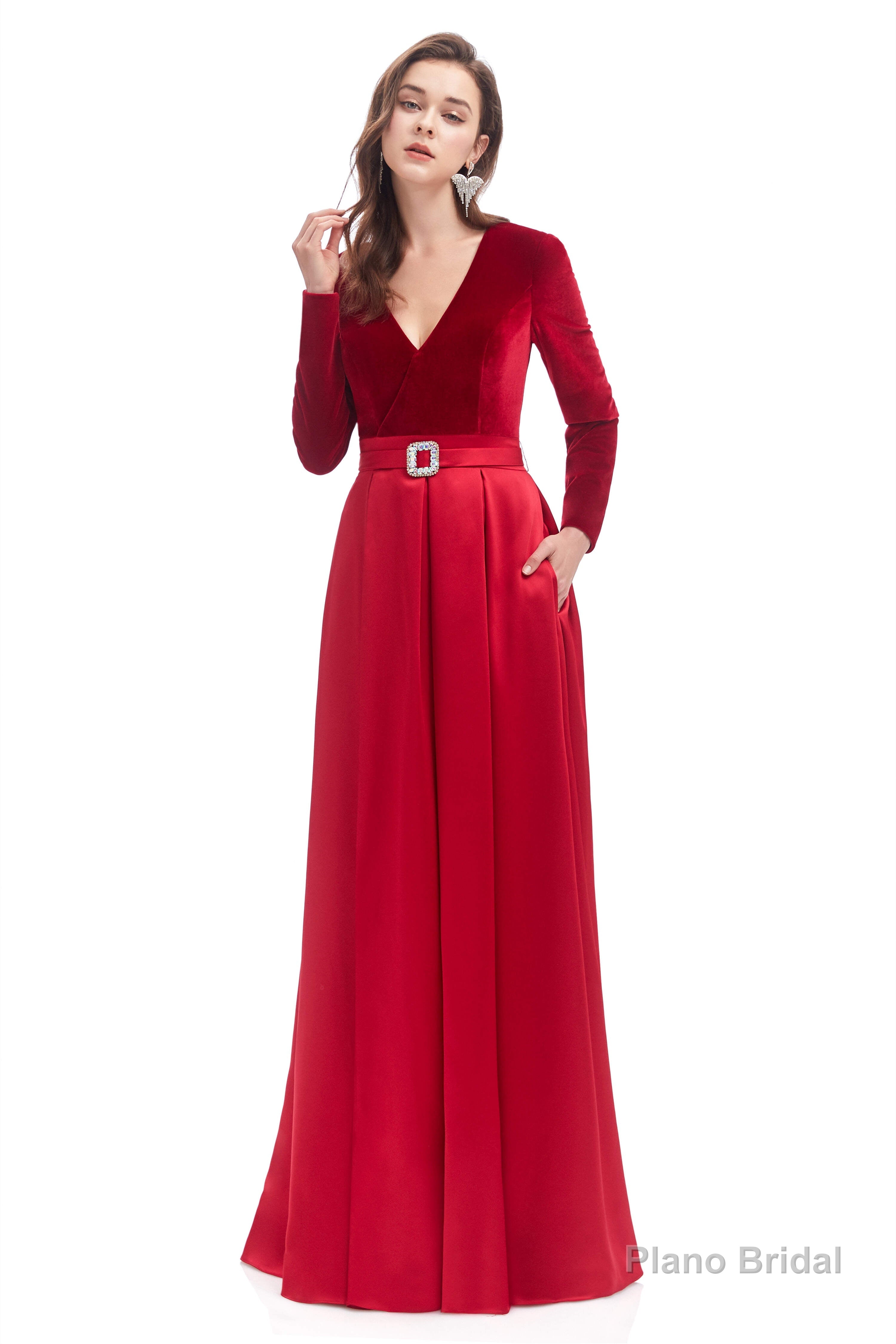 A-line V Neck Velvet Long Prom Dresses