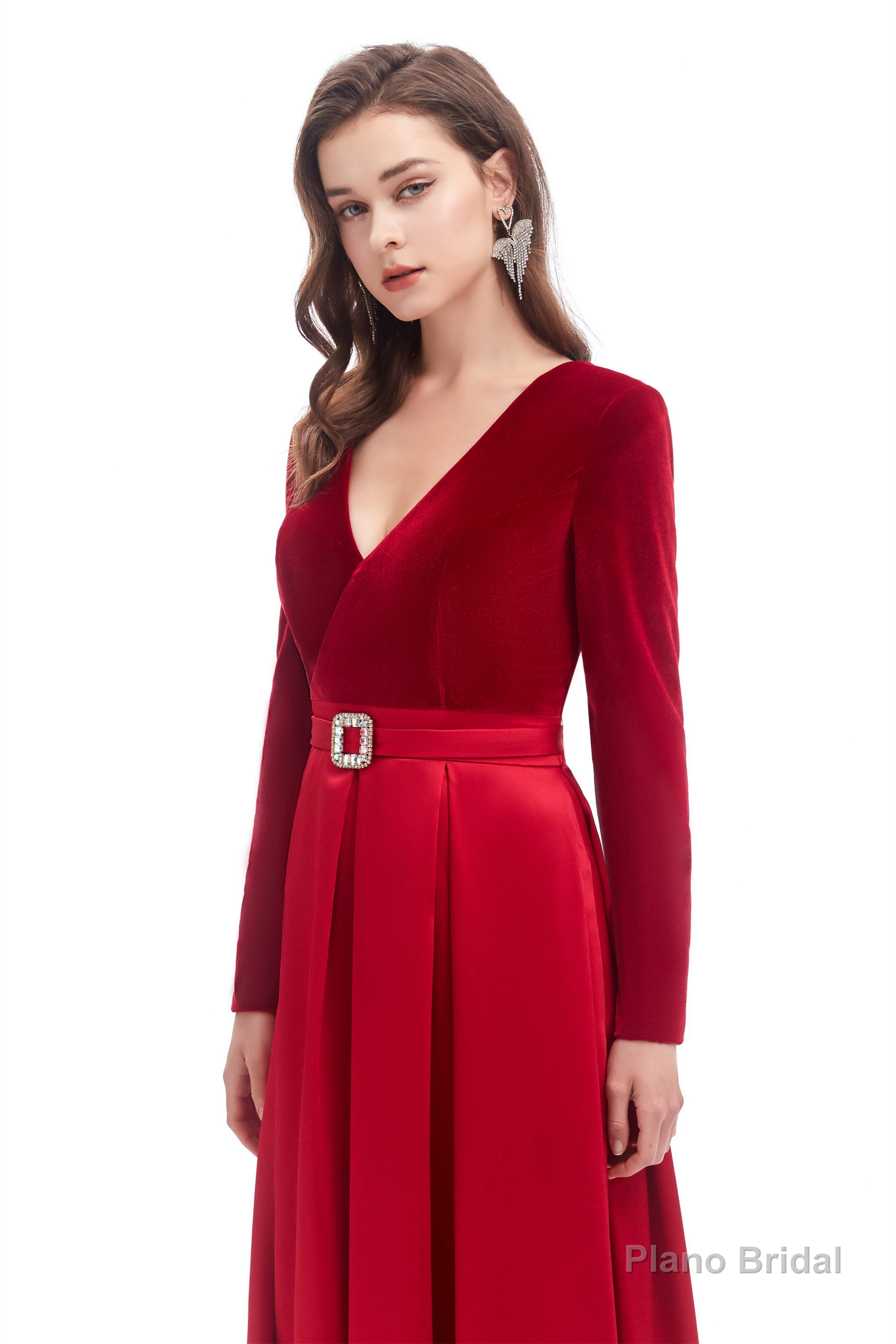 A-line V Neck Velvet Long Prom Dresses