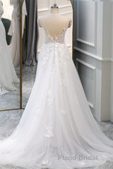 A Line V Neck White Lace Long Formal Prom Dress, White Lace Wedding Dress, White Formal Evening Dress