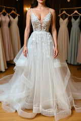 A Line V Neck White Lace Long Formal Prom Dress, White Lace Wedding Dress, White Formal Evening Dress