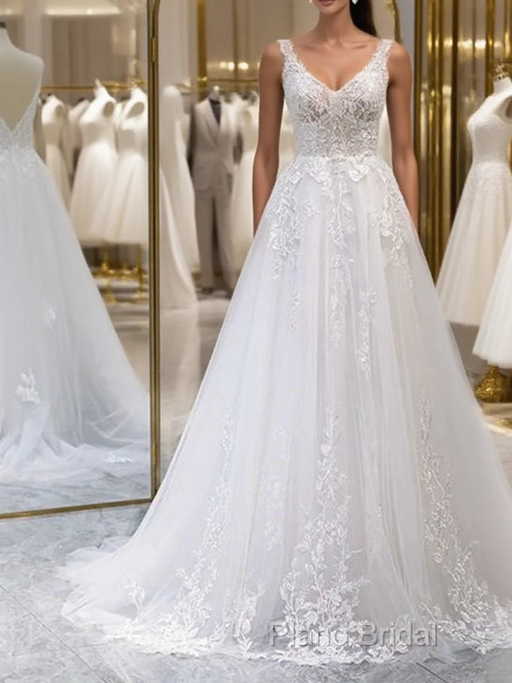 A Line V Neck White Lace Long Formal Prom Dresses, White Lace Wedding Dresses, White Formal Dresses A1801 Main image