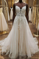 A Line V Neck White Lace Long Formal Prom Wedding Dress, Thin Strap White Lace Formal Dress, White Lace Evening Dress