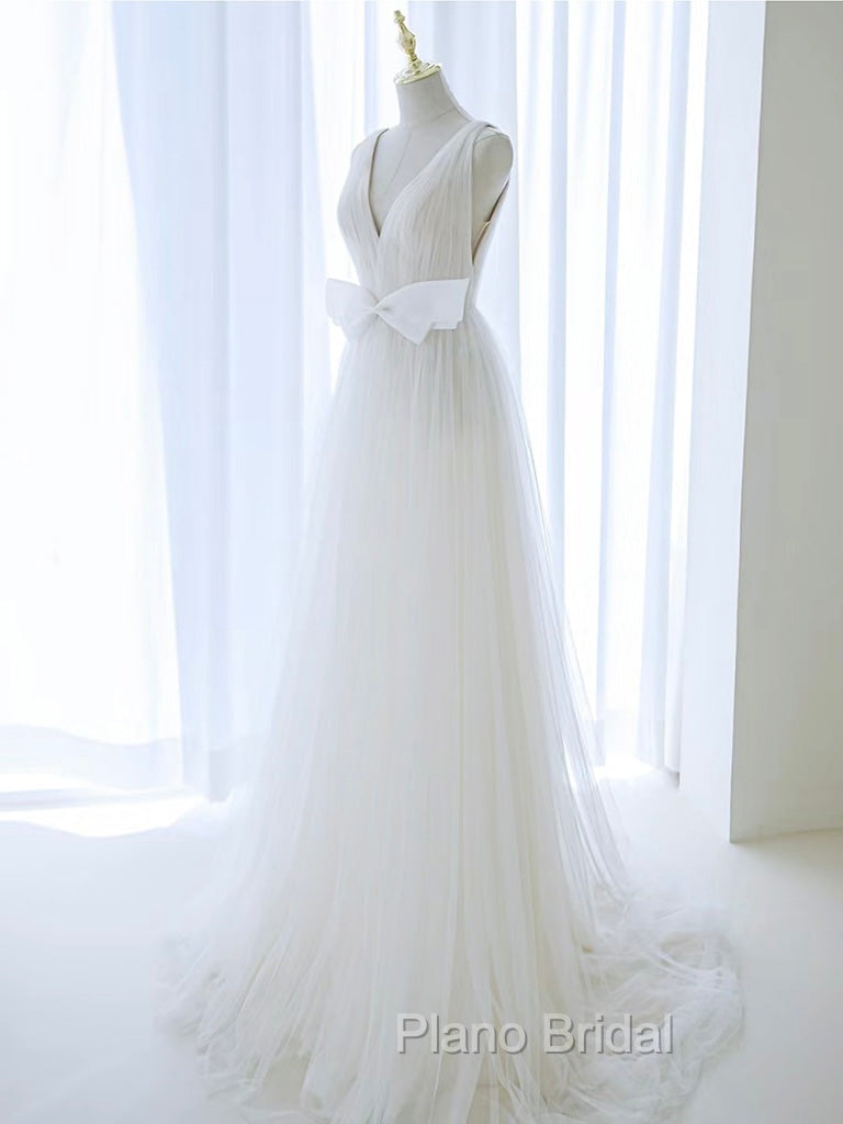 A-Line V Neck White Tulle Long Wedding Dresses with Bow Secondary image