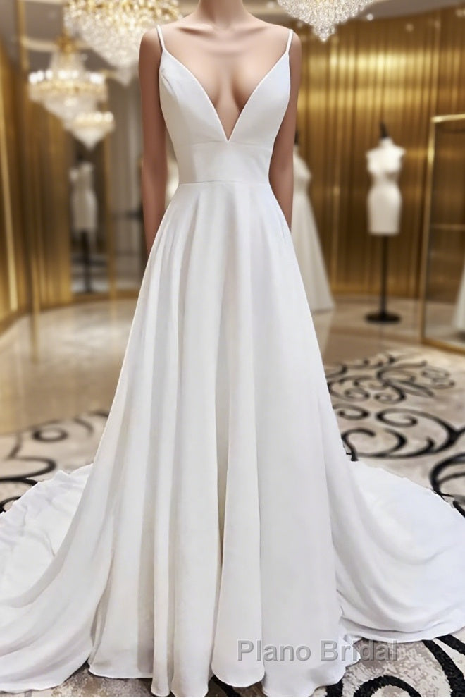 A Line V Neck White Wedding Dresses with Lace Back, White V Neck Formal Prom Formal Dresses Main image
