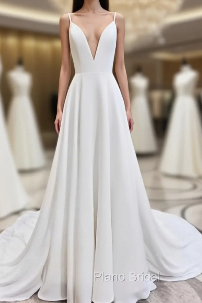 A Line V Neck White Wedding Dresses with Sweep Train, White Formal Evening Formal Prom Dresses Main image