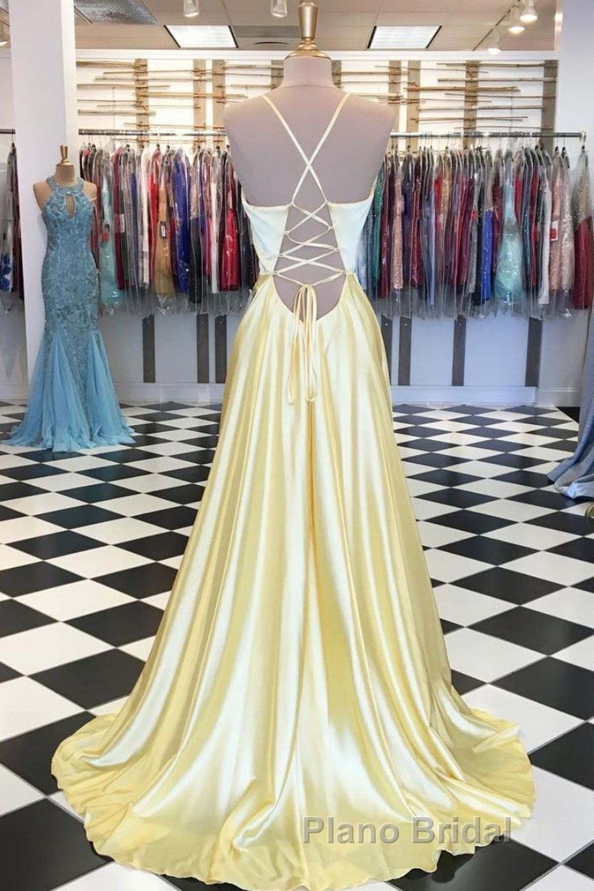 A Line V Neck Yellow Long Formal Prom Dresses, Yellow Long Backless Formal Evening Dresses