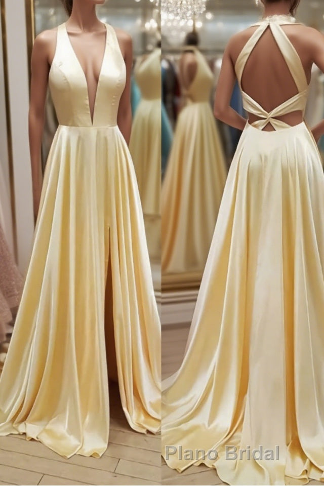 A Line V Neck Yellow Satin Long Formal Prom Dresses, V Neck Backless Yellow Formal Evening Dresses Main image
