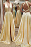 A Line V Neck Yellow Satin Long Formal Prom Dresses, V Neck Backless Yellow Formal Evening Dresses