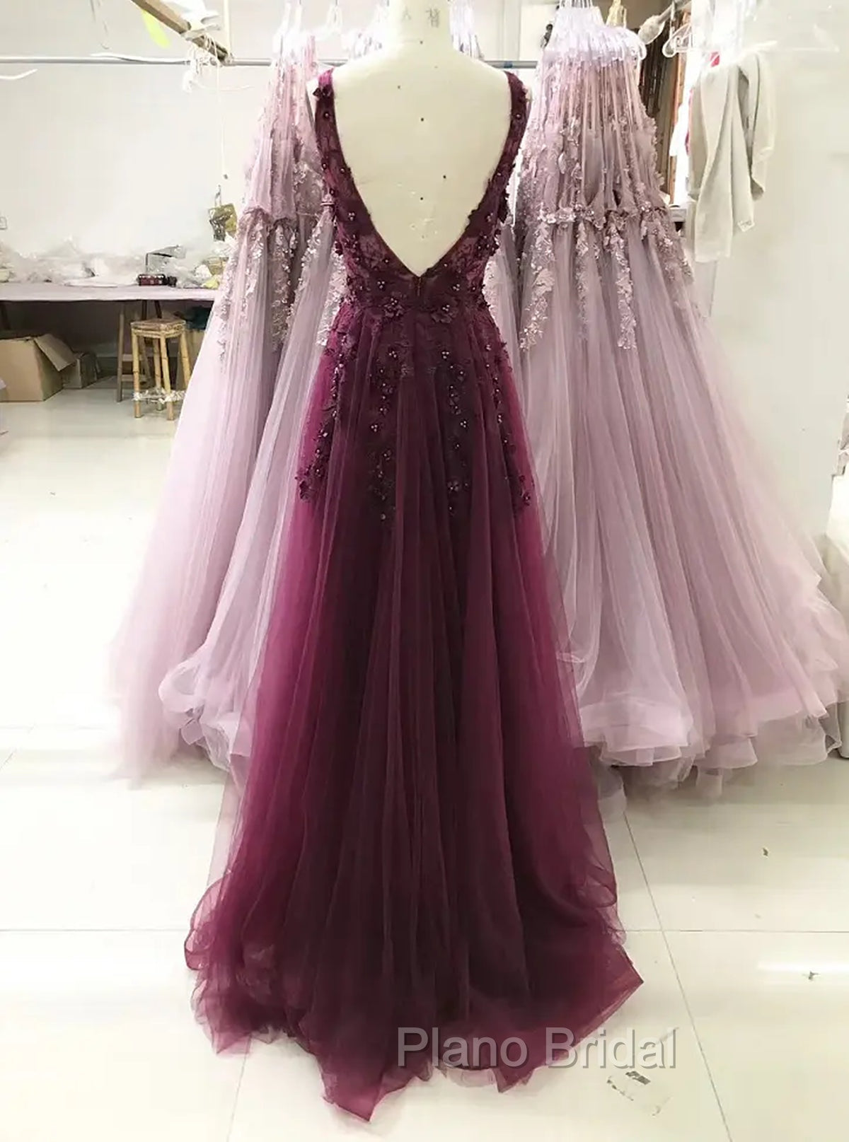 A-line V-neckline Flowers Tulle  Evening Dresses Formal Prom Dresses, Long Wedding Party Dresses Secondary image