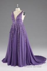 A-line V-Neck Lace Appliques Long Mother of The Bride Dresses