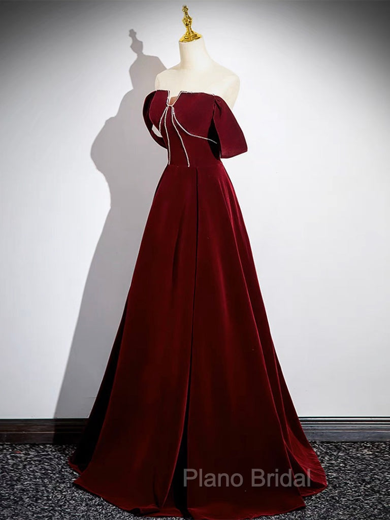 A-Line Velvet Burgundy Long Formal Prom Dresses, Burgundy Long Formal Dresses