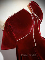A-Line Velvet Burgundy Long Formal Prom Dresses, Burgundy Long Formal Dresses