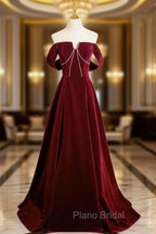 A-Line Velvet Burgundy Long Formal Prom Dresses, Burgundy Long Formal Dresses