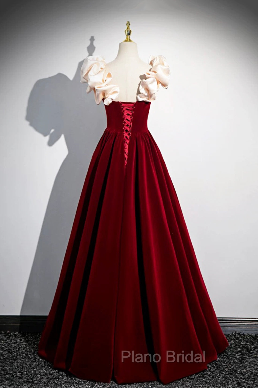 A-Line Velvet Floor Length Formal Prom Dresses, Burgundy Off the Shoulder Evening Party Dresses Secondary image
