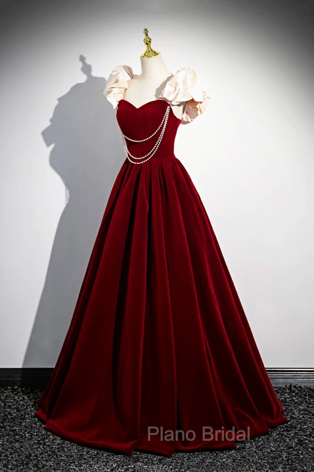 A-Line Velvet Floor Length Formal Prom Dresses, Burgundy Off the Shoulder Evening Party Dresses