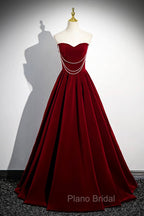 A-Line Velvet Floor Length Formal Prom Dresses, Burgundy Off the Shoulder Evening Party Dresses