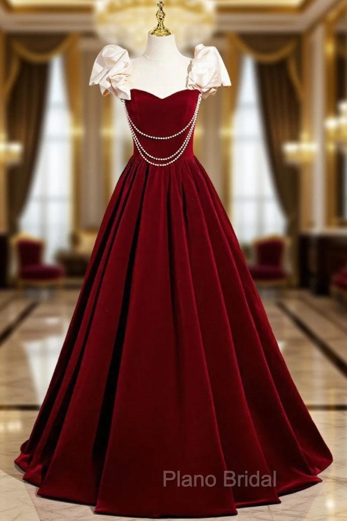 A-Line Velvet Floor Length Formal Prom Dresses, Burgundy Off the Shoulder Evening Party Dresses Main image