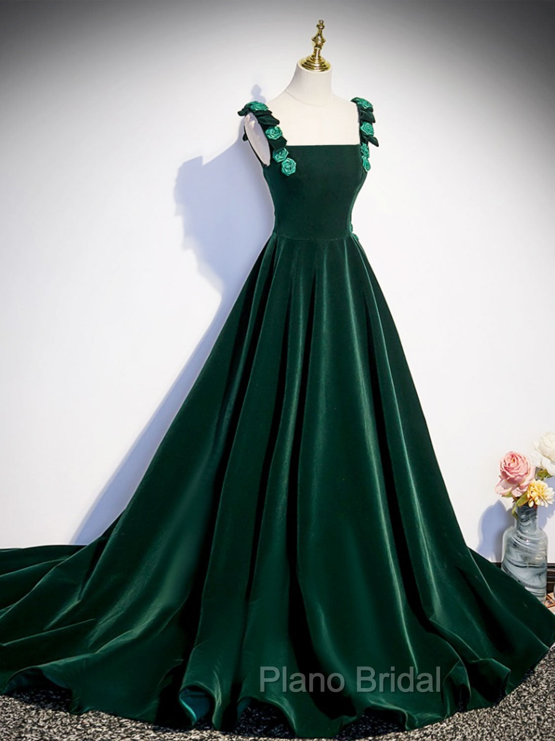 A-Line Velvet Green Long Formal Prom Dresses, Green Formal Evening Dresses