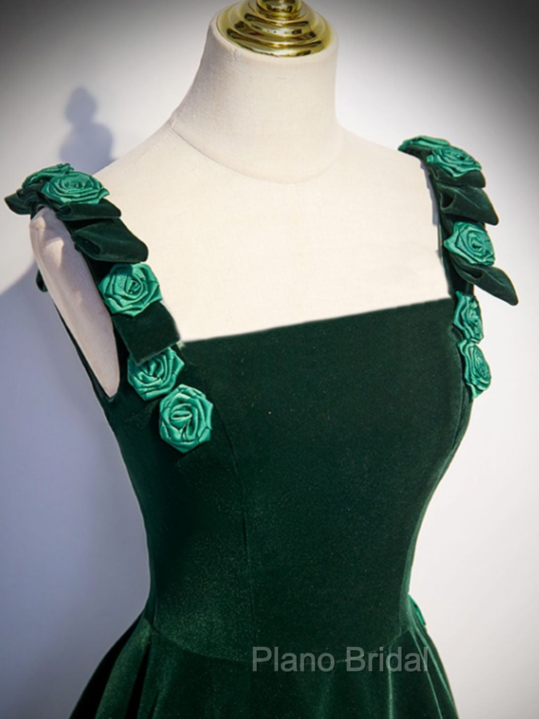 A-Line Velvet Green Long Formal Prom Dresses, Green Formal Evening Dresses