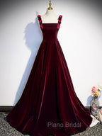 A-Line Velvet Green Long Formal Prom Dresses, Green Formal Evening Dresses