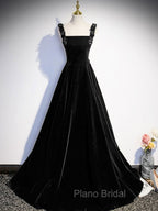 A-Line Velvet Green Long Formal Prom Dresses, Green Formal Evening Dresses
