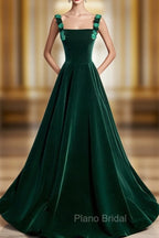 A-Line Velvet Green Long Formal Prom Dresses, Green Formal Evening Dresses