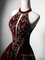A-Line Velvet Sequin Beads Burgundy Long Formal Prom Dresses, Burgundy Long Formal Dresses