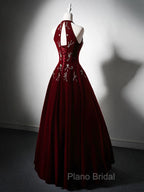 A-Line Velvet Sequin Beads Burgundy Long Formal Prom Dresses, Burgundy Long Formal Dresses