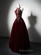 A-Line Velvet Sequin Beads Burgundy Long Formal Prom Dresses, Burgundy Long Formal Dresses