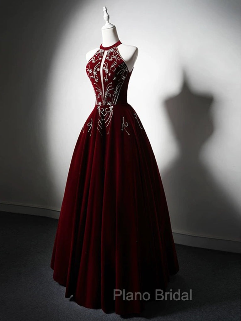 A-Line Velvet Sequin Beads Burgundy Long Formal Prom Dresses, Burgundy Long Formal Dresses