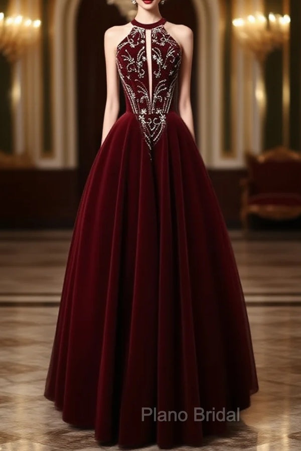 A-Line Velvet Sequin Beads Burgundy Long Formal Prom Dresses, Burgundy Long Formal Dresses Main image