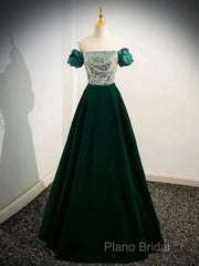 A-Line Velvet Sequin Beads Green Long Formal Prom Dresses Formal Dresses Elegant