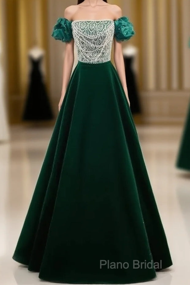 A-Line Velvet Sequin Beads Green Long Formal Prom Dresses Formal Dresses Elegant