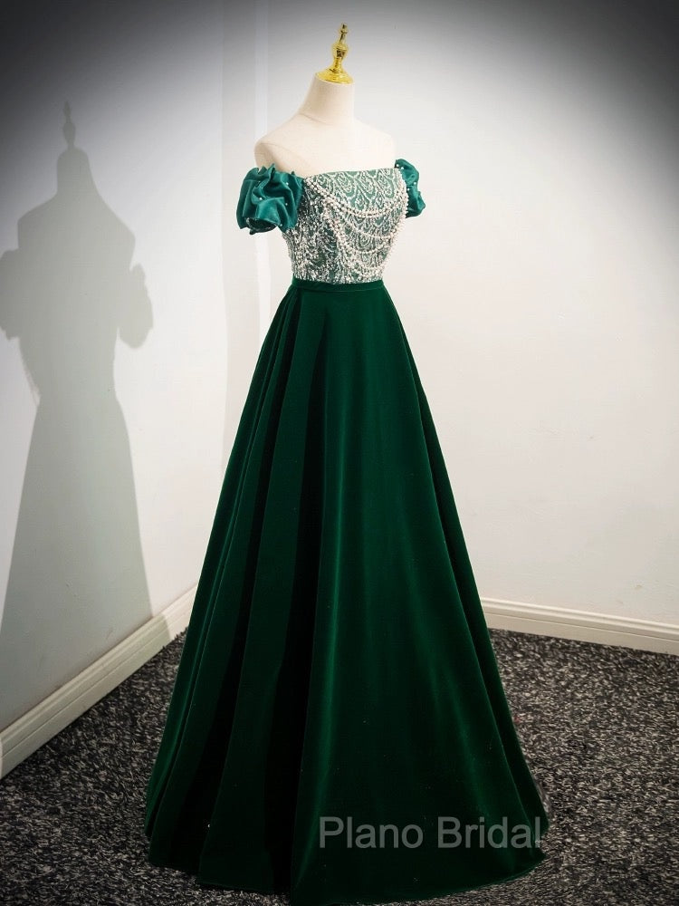 A-Line Velvet Sequin Beads Green Long Formal Prom Dresses, Green Velvet Long Formal Dresses